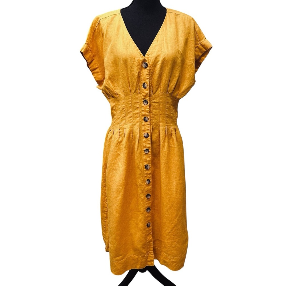 Antonio Melani Linen Dress Mustard Pin-tuck Details Button Short Sleeve Size 10